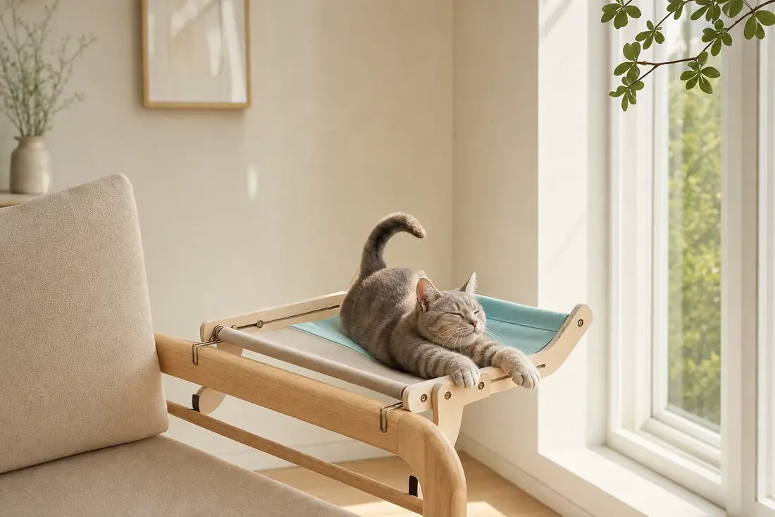 Hamac pour chat installé près d’une grande fenêtre lumineuse