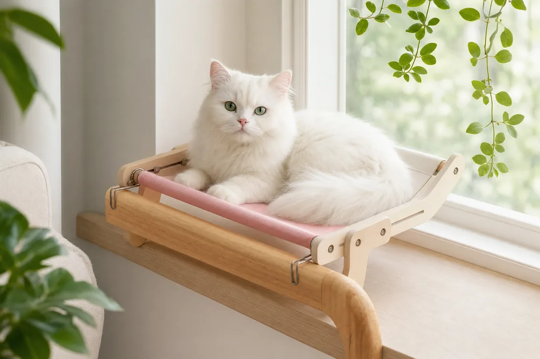 Chat blanc installé dans un hamac en bois sur un rebord de fenêtre