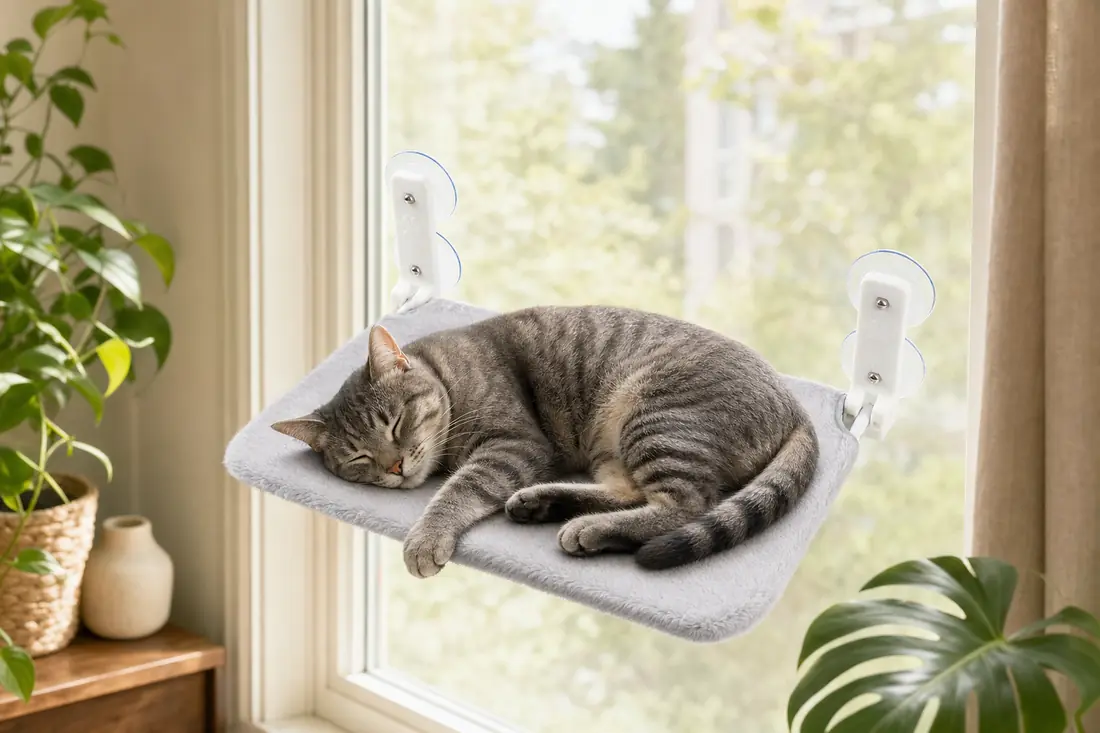 Chat tigré endormi sur un hamac de fenêtre gris posé devant une baie vitrée entourée de plantes
